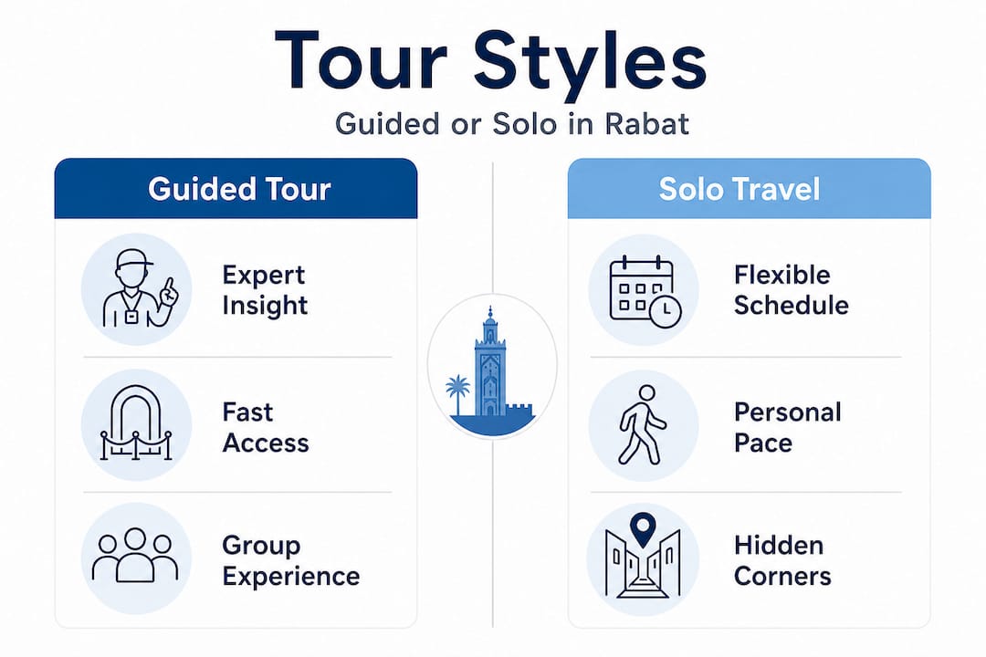 Infographic comparing guided tours and solo travel in Rabat