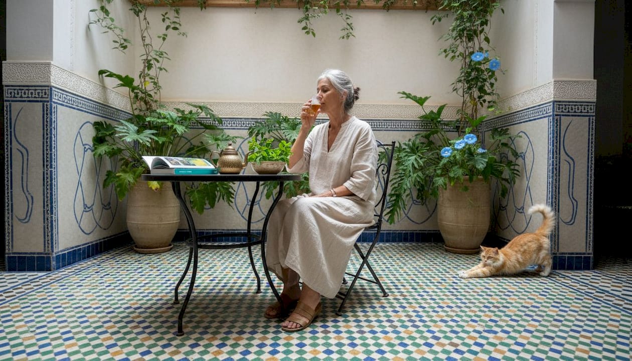 Guest relaxing with tea in riad courtyard