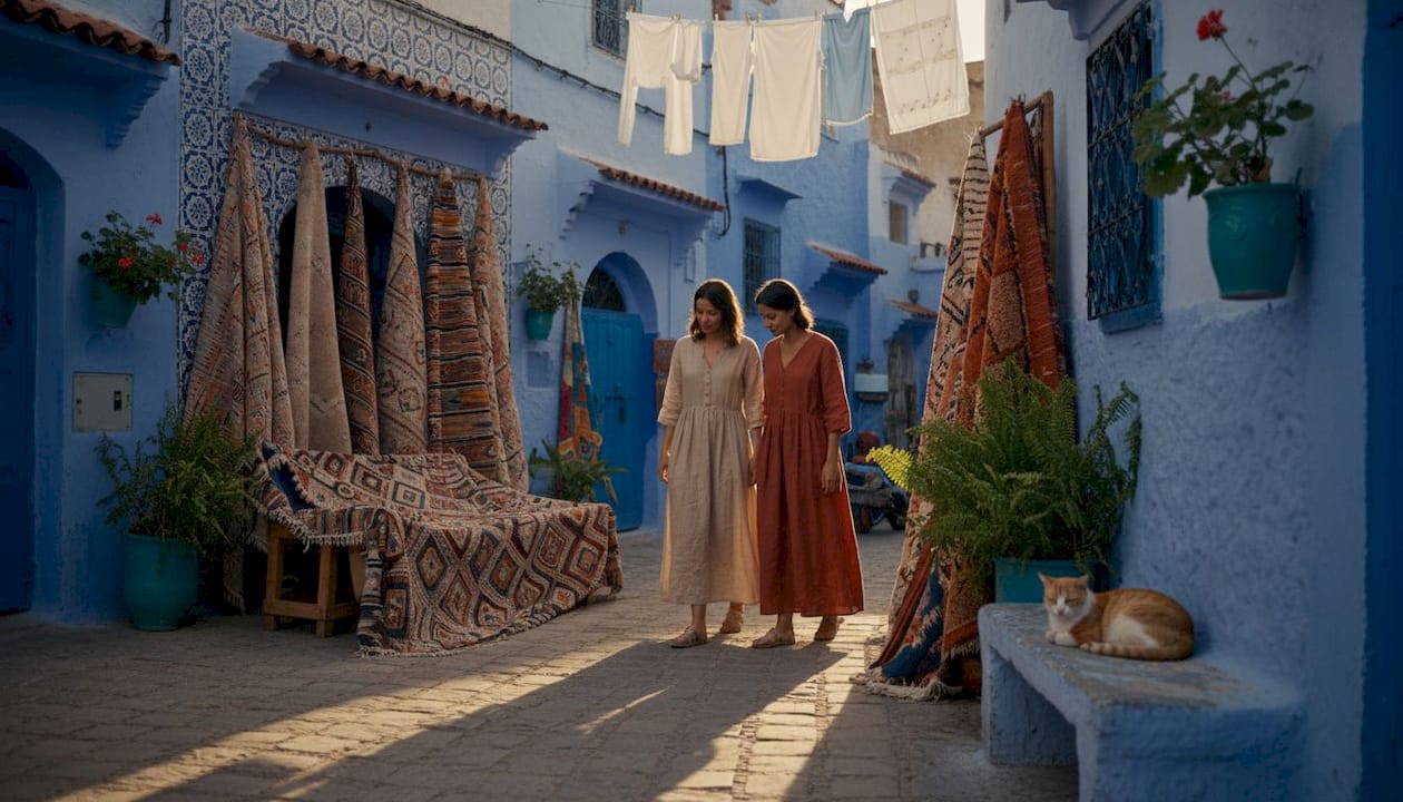 Women walking Chefchaouen street with rugs