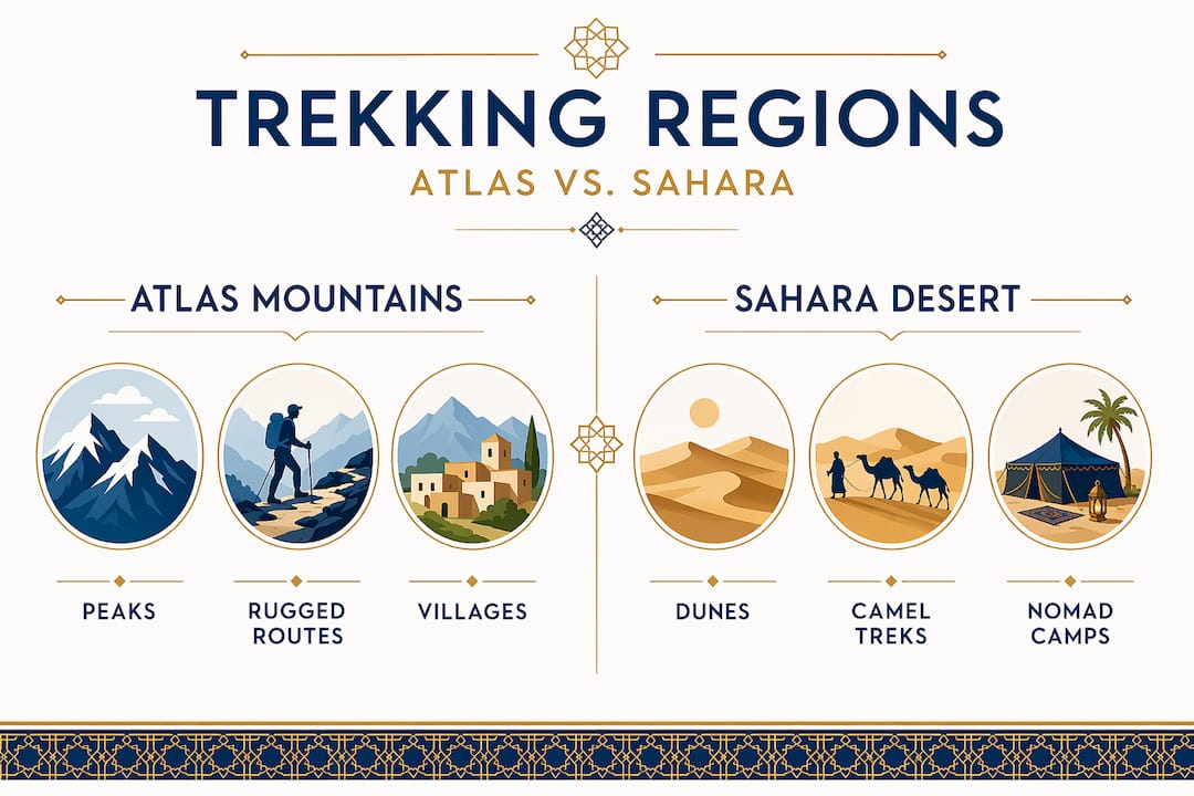 Morocco trekking tours: Luxury adventure, bespoke journeys 2 Atlas mountains and Sahara desert trekking comparison infographic