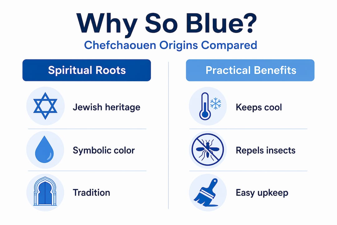 Infographic comparing spiritual and practical reasons for Chefchaouen’s blue color