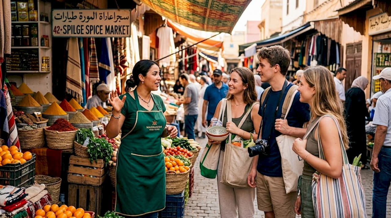 Tourists listen at Agadir spice market tour
