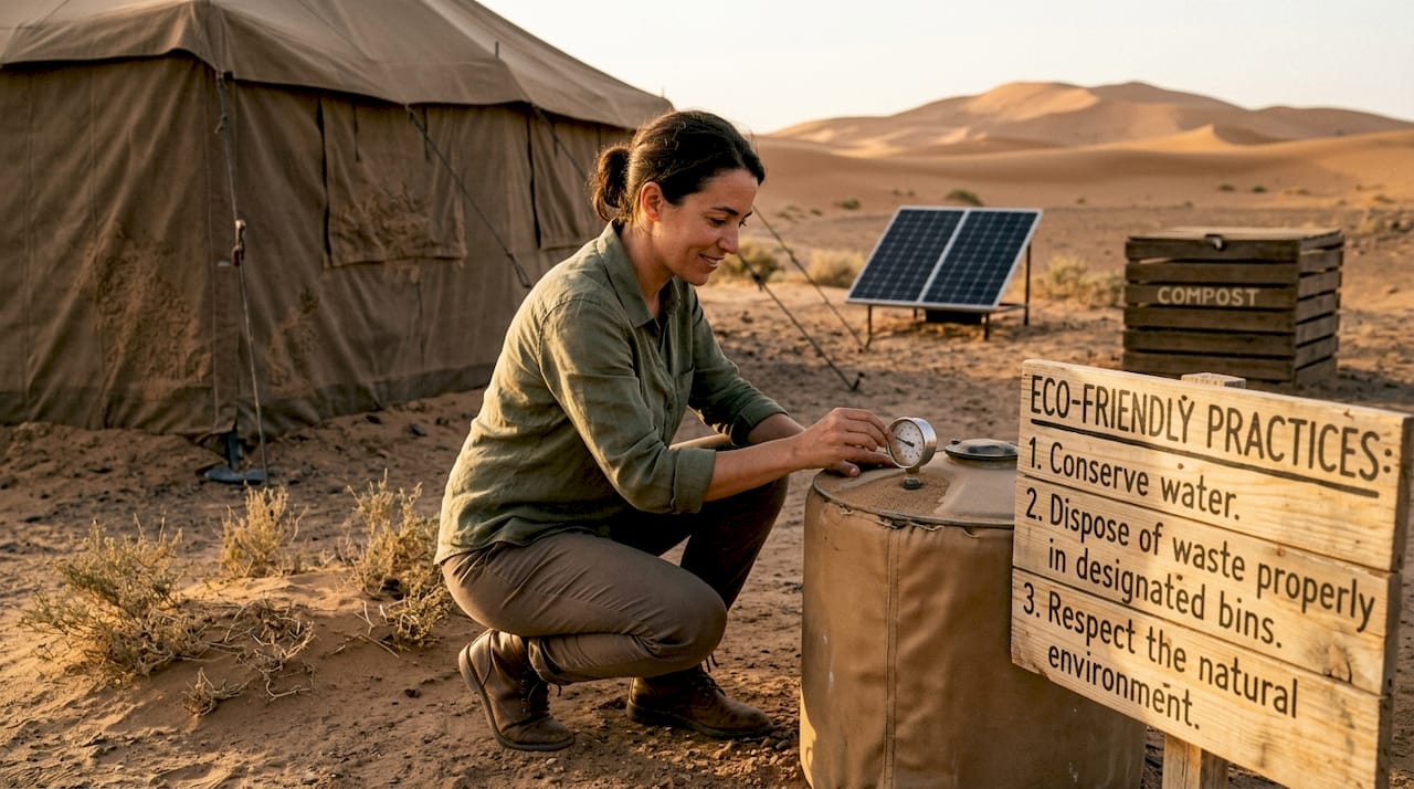 Camp manager checks sustainable desert tent