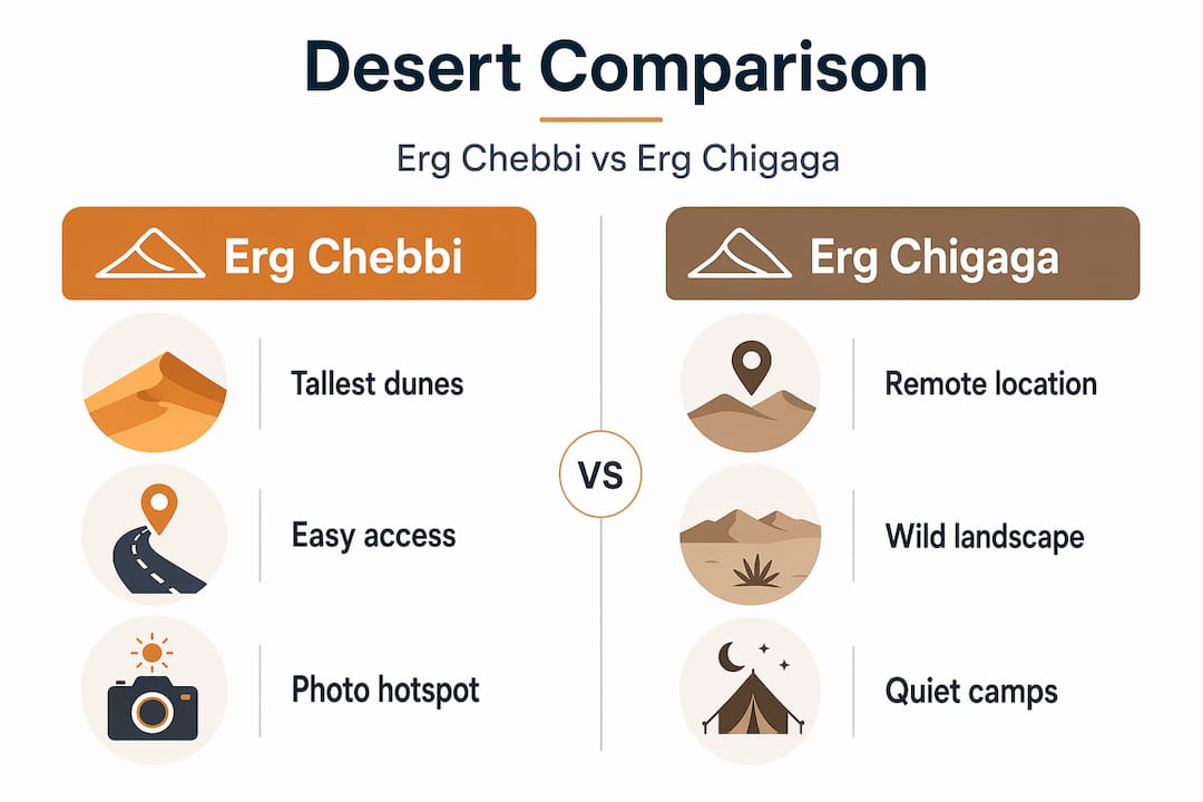 Infographic comparing Erg Chebbi and Erg Chigaga