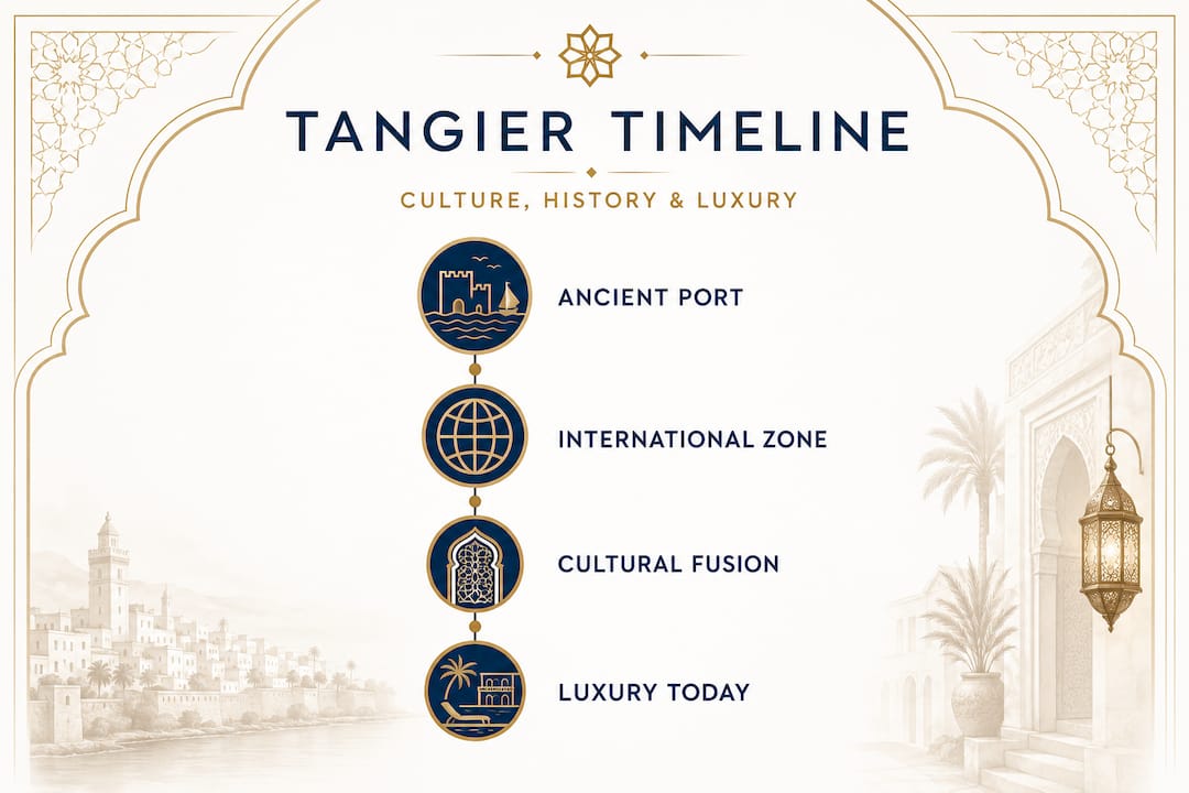 Tangier travel guide: luxury, culture, and history 1 Tangier history and luxury vertical timeline infographic