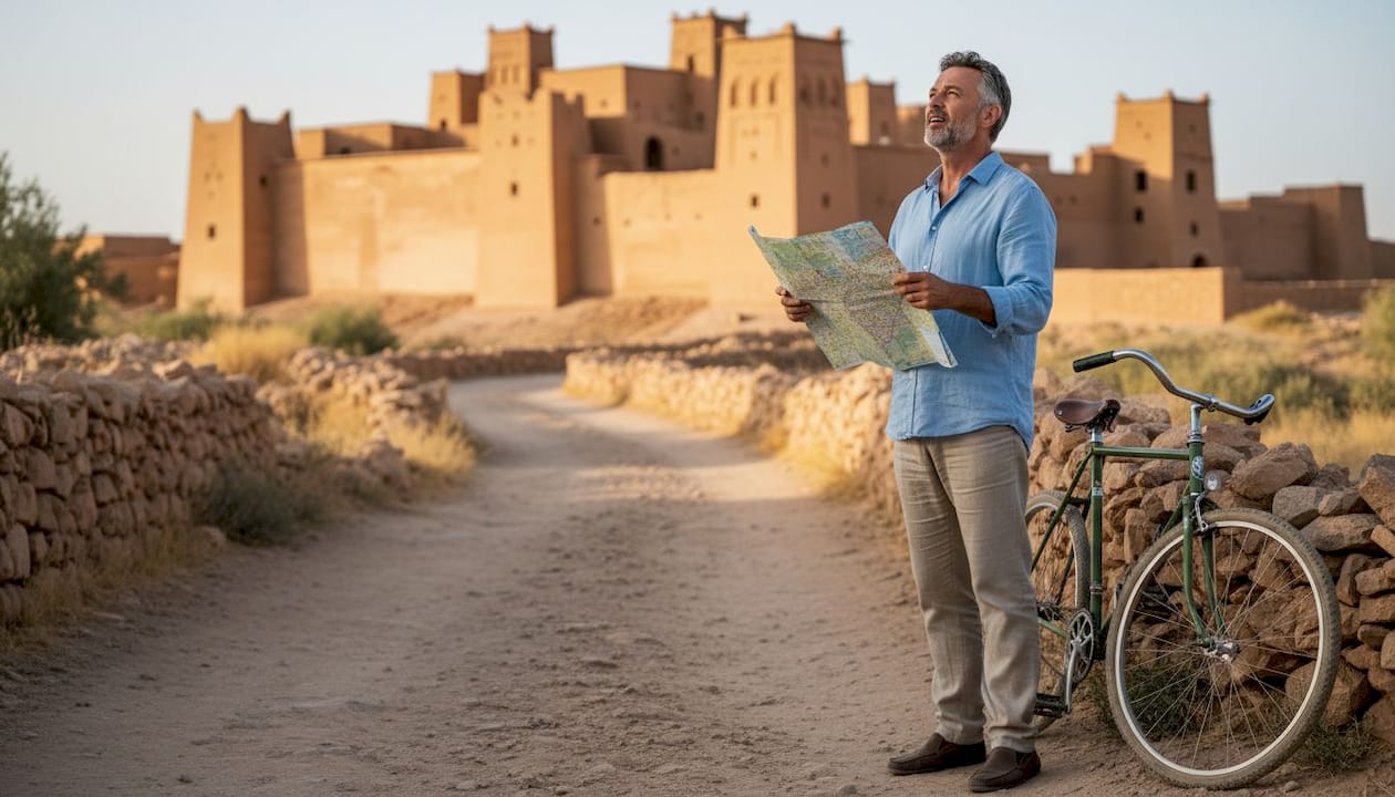 Traveler viewing Kasbah Taourirt from roadside