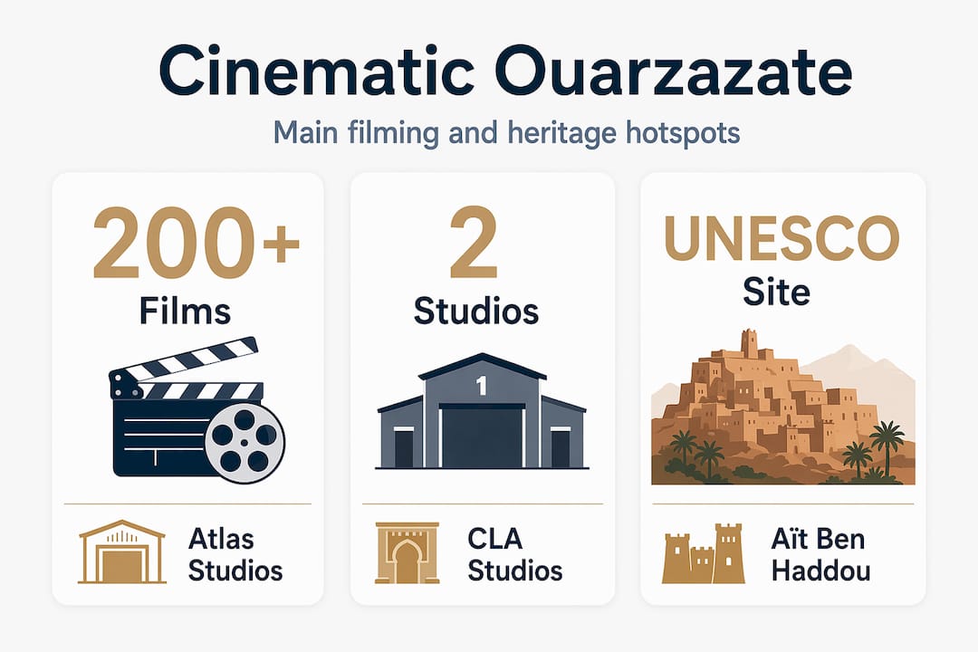 Infographic showing Ouarzazate film facts and hotspots