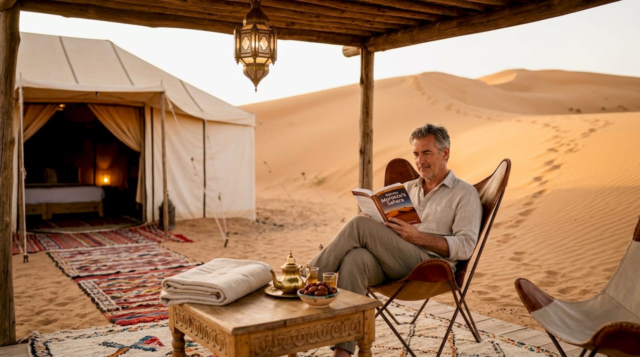 Reading guest at Moroccan desert camp tent