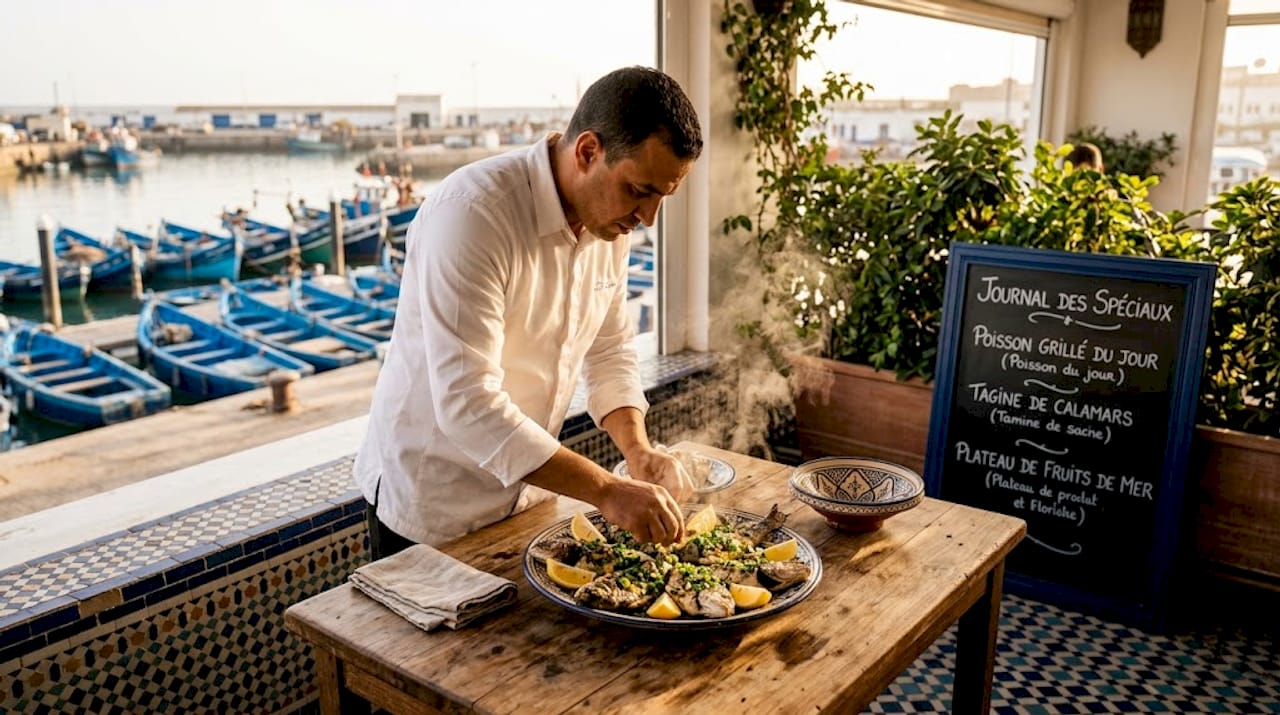 Casablanca: travel guide for culture & cuisine 2 Chef plating grilled seafood at Casablanca port