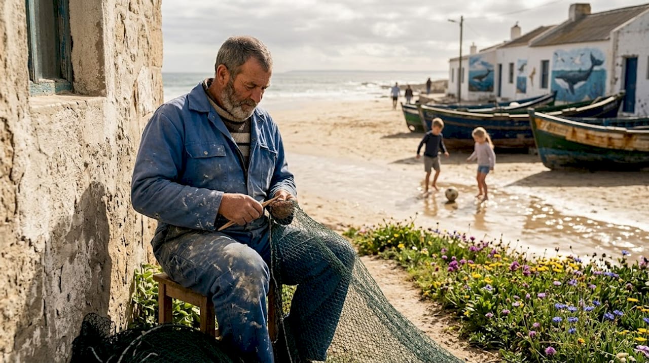 Fisherman mending net near Moroccan beach village