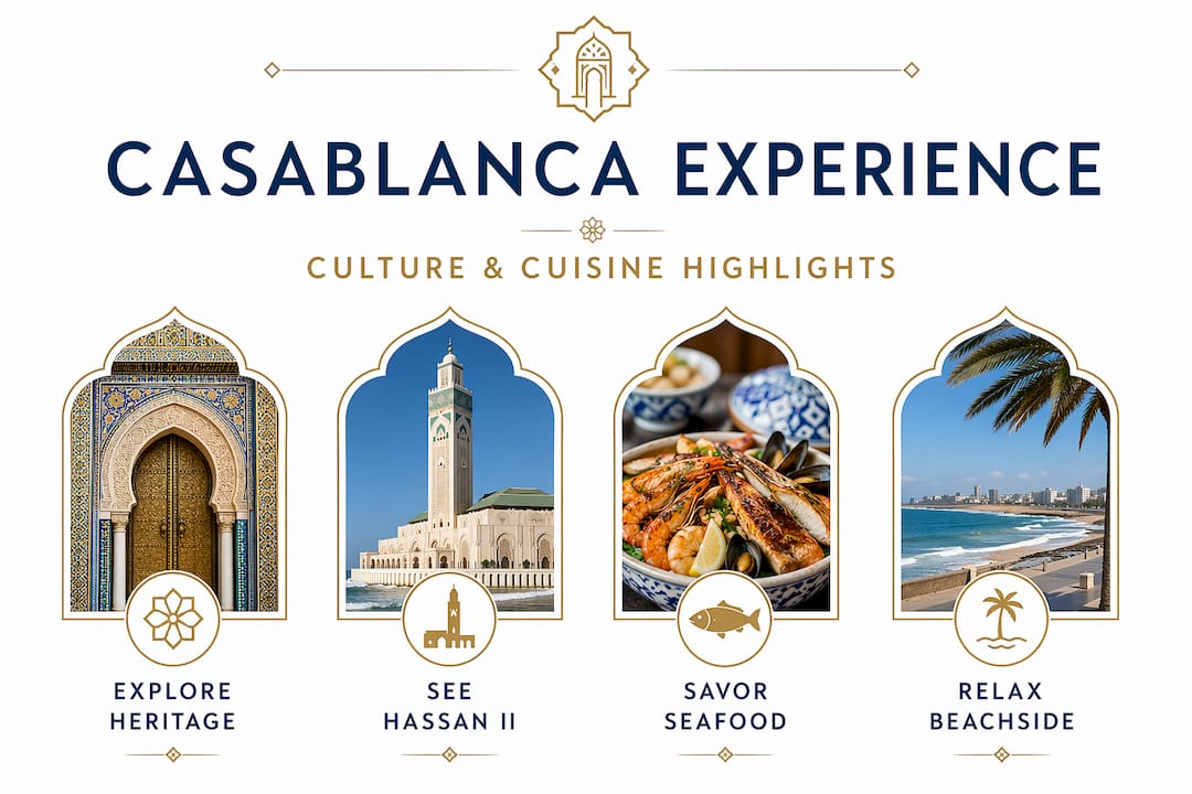 Casablanca: travel guide for culture & cuisine 1 Infographic showing Casablanca culture and cuisine steps