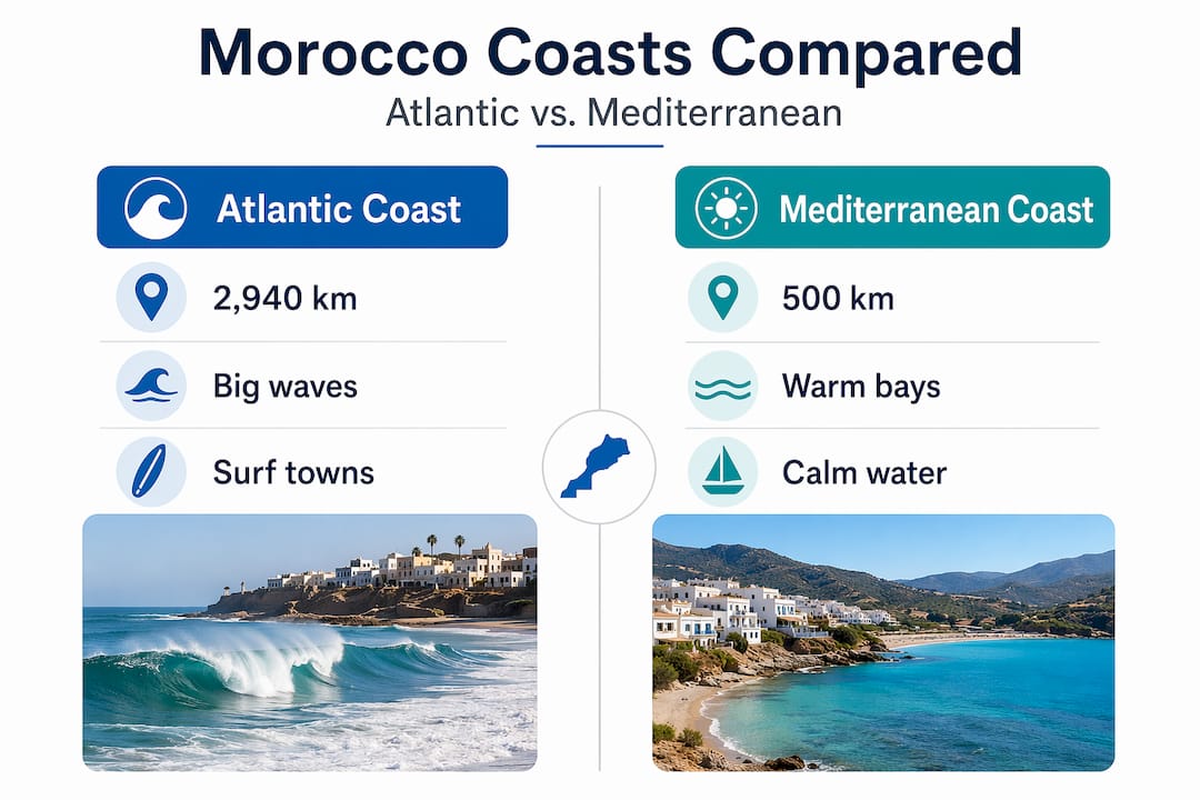 Infographic comparing Morocco’s Atlantic and Mediterranean coasts
