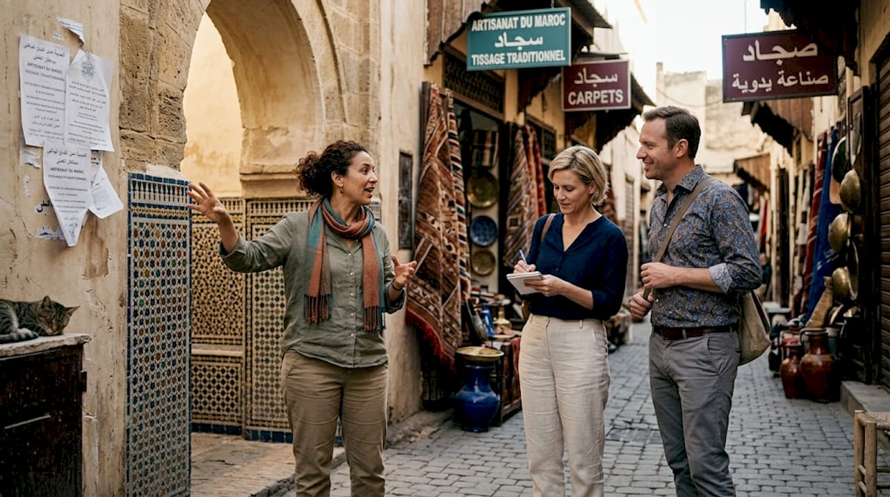 Tour group learns in Meknes medina street