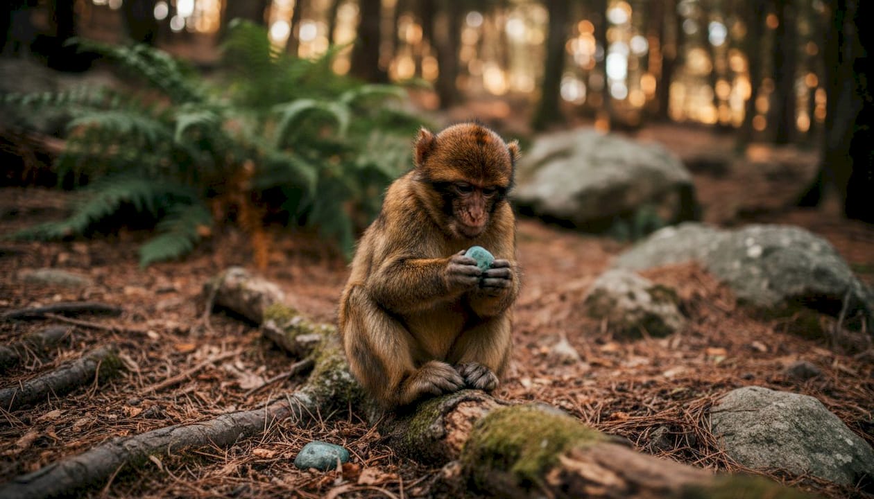 Barbary macaques foraging in Atlas mountain forest