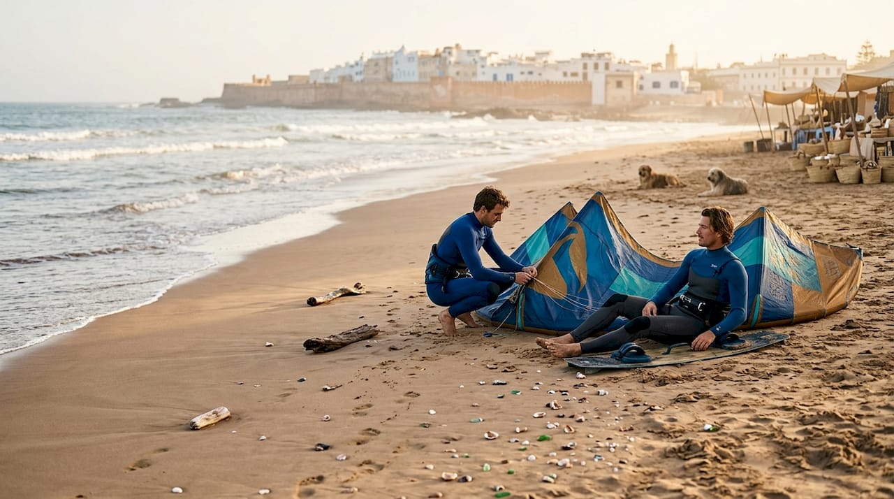 Essaouira travel guide: culture, and beaches 2 Kitesurfers preparing gear on Essaouira beach
