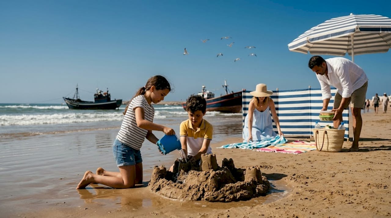 Family enjoying beach day in Essaouira