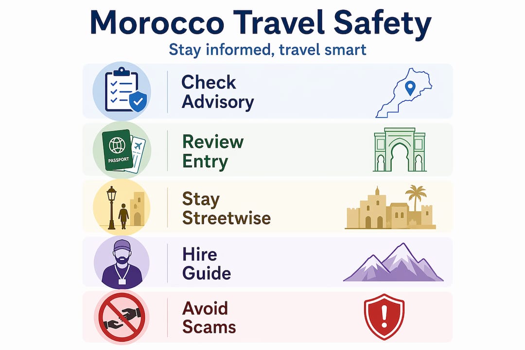 Infographic with Morocco travel safety steps and tips