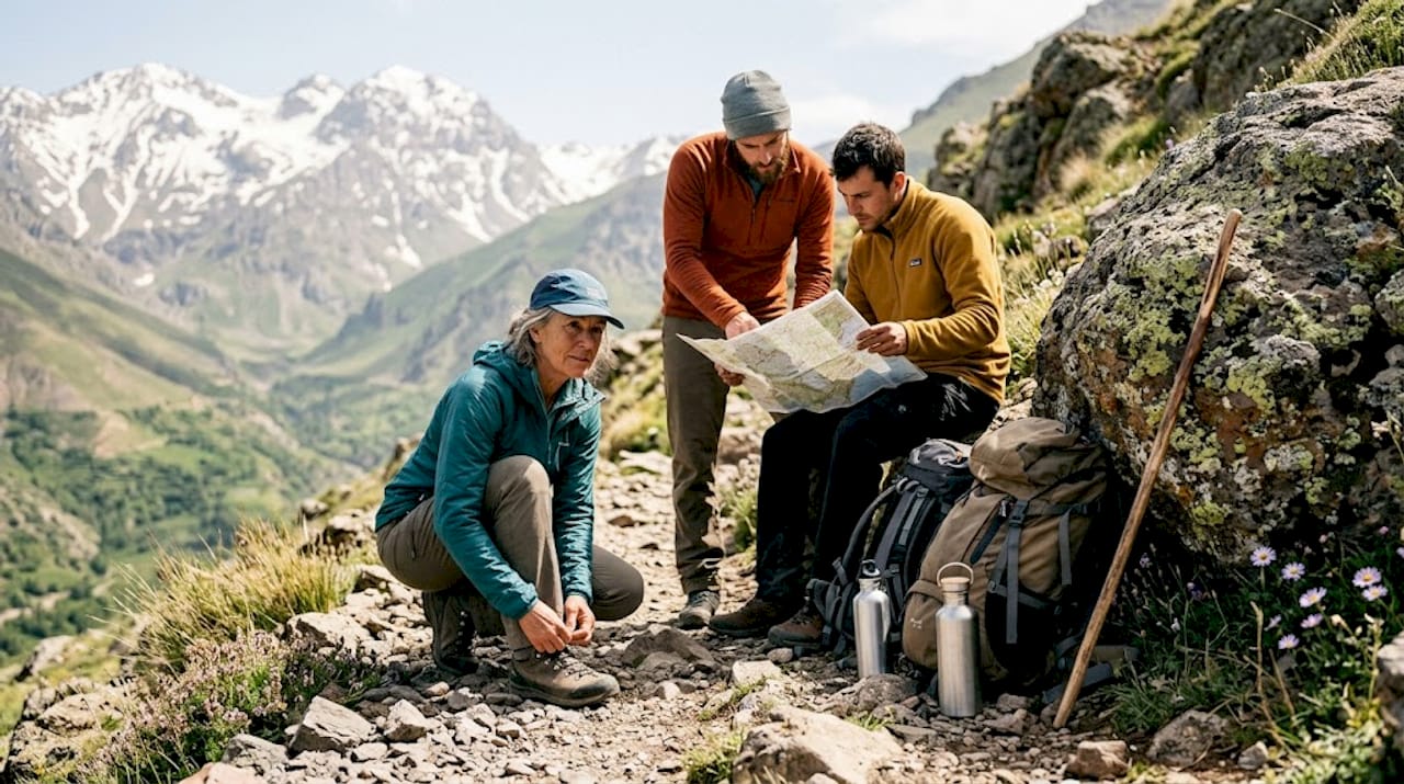 Hikers preparing on Atlas Mountains trekking path
