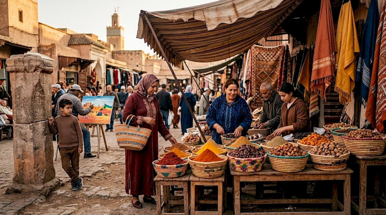 Shoppers and vendors at oasis town souk
