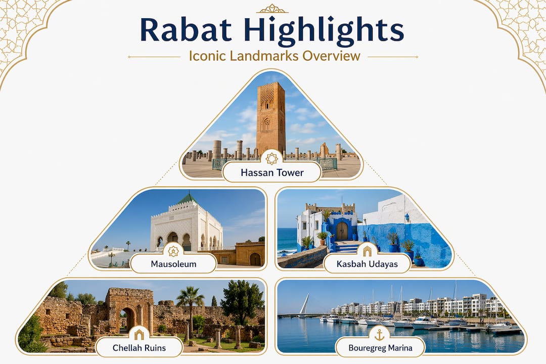 Rabat Travel Guide: Morocco's Underrated Capital 1 Infographic showing Rabat landmark highlights
