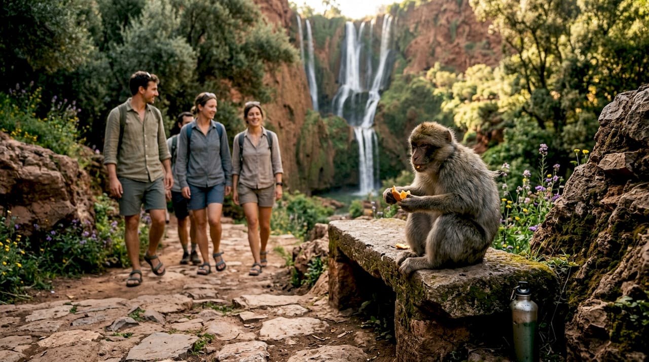 Barbary macaque beside Ouzoud waterfall trail