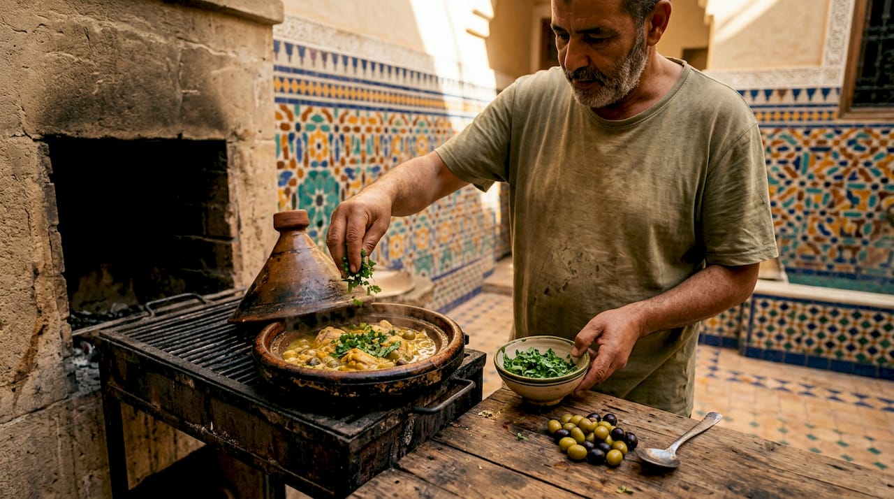 Man ladling broth into clay tagine in kitchen