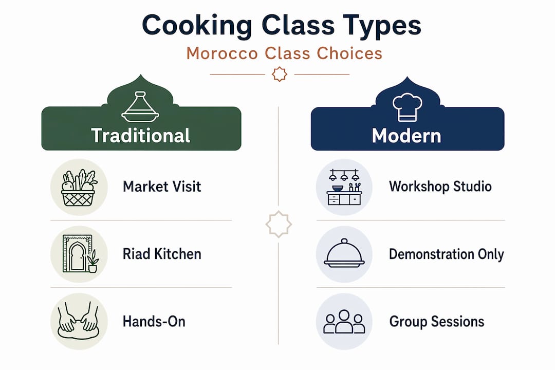 Infographic comparing Moroccan cooking class types