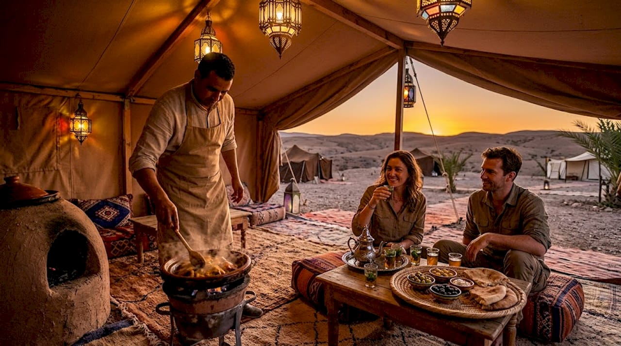 Moroccan chef preparing dinner in desert camp