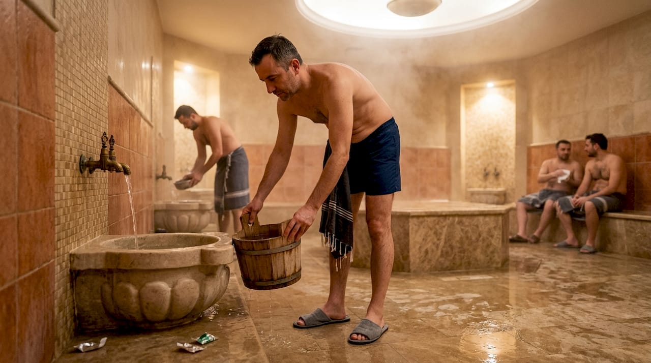 Men using neighborhood Moroccan hammam