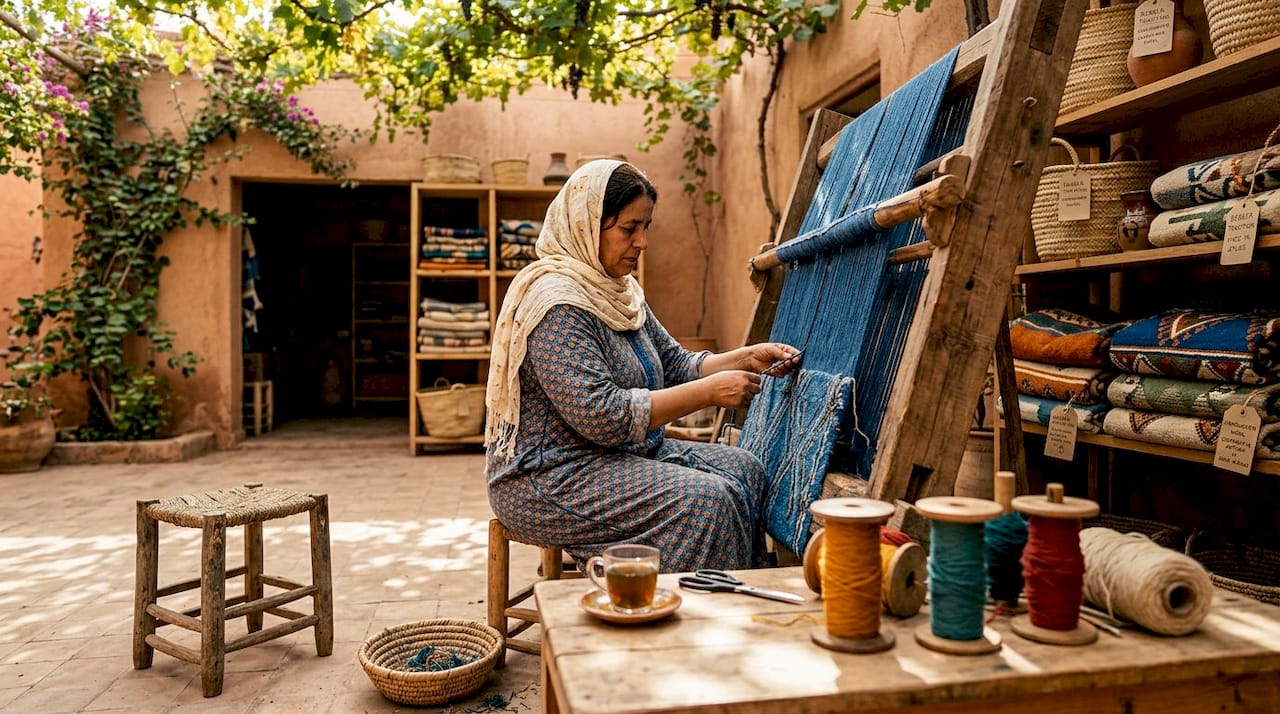 Woman weaving blanket at Moroccan cooperative