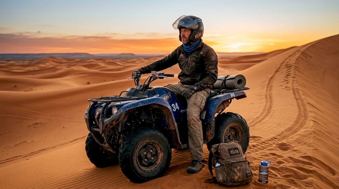 Man on quad bike atop Sahara sand dune
