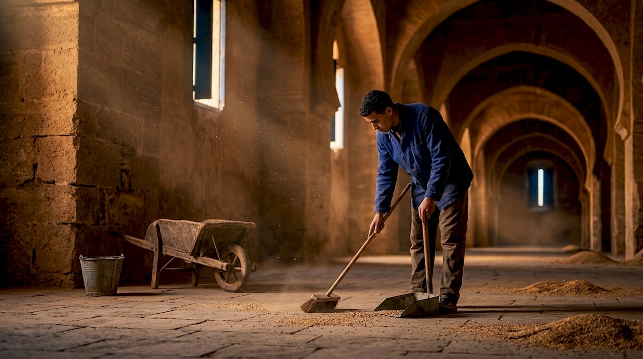 Meknes: Morocco's Imperial City Worth Discovering 1 Worker cleaning inside Meknes royal granaries