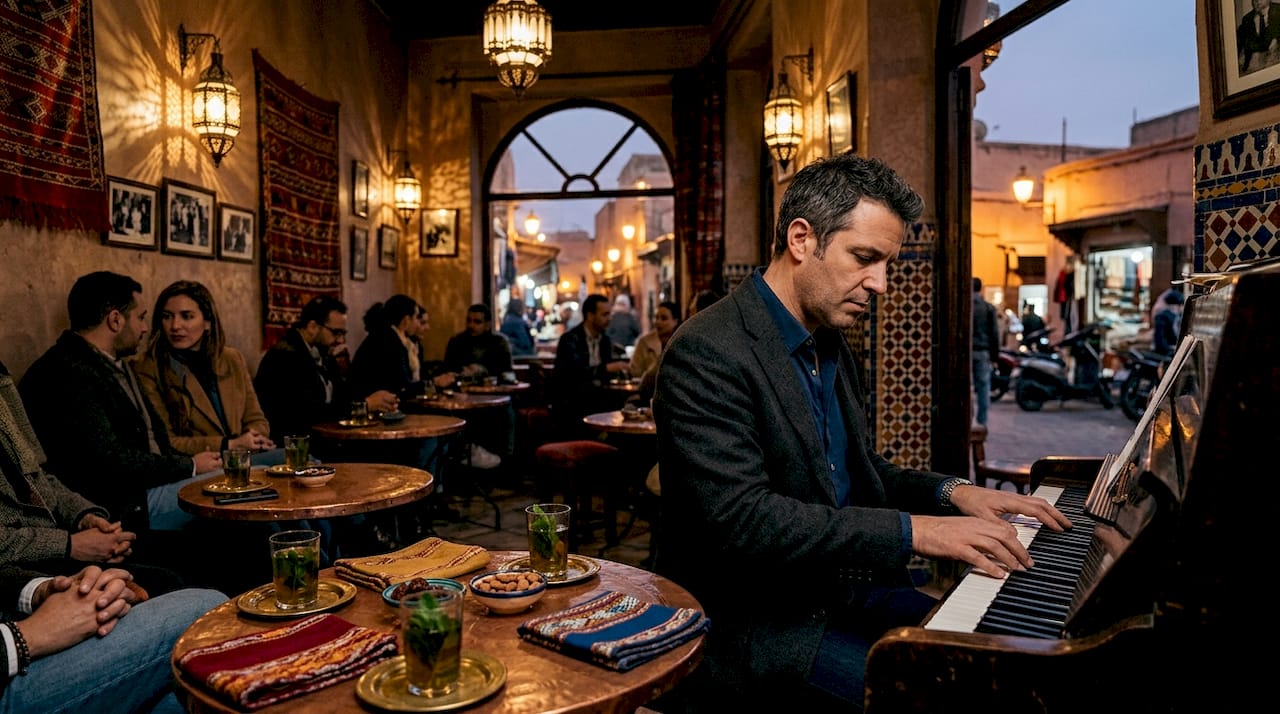 Live piano music in Moroccan cafe interior