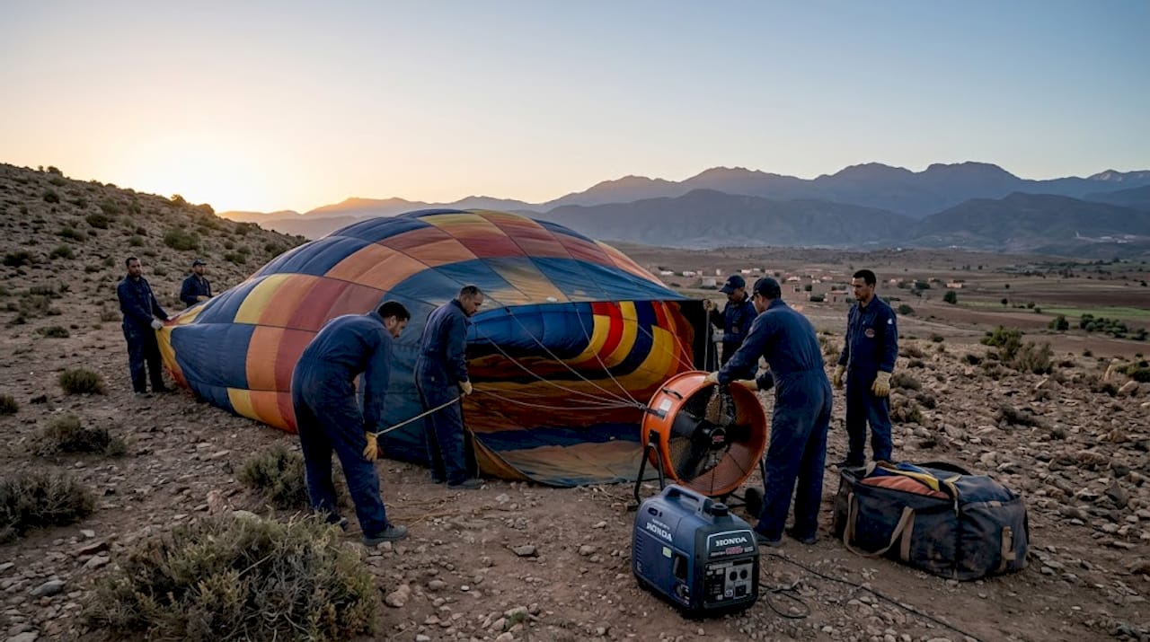 Balloon crew preparing envelope for inflation