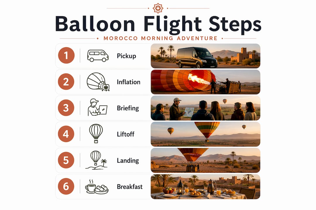 Infographic showing balloon flight steps in Morocco