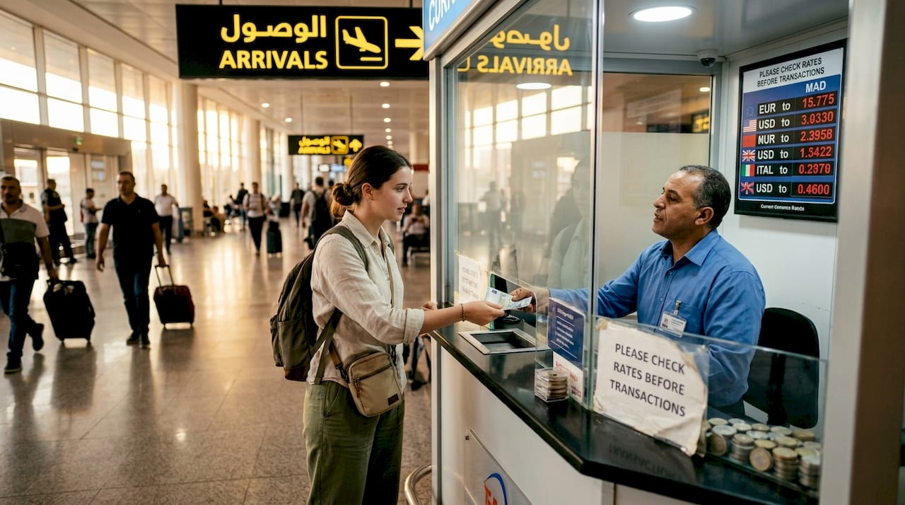 Tourist exchanging money at Marrakech airport booth