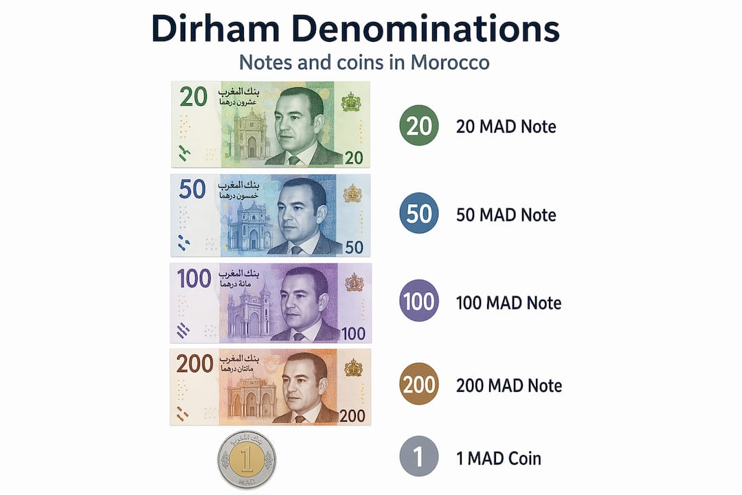 Infographic showing Moroccan dirham note and coin types