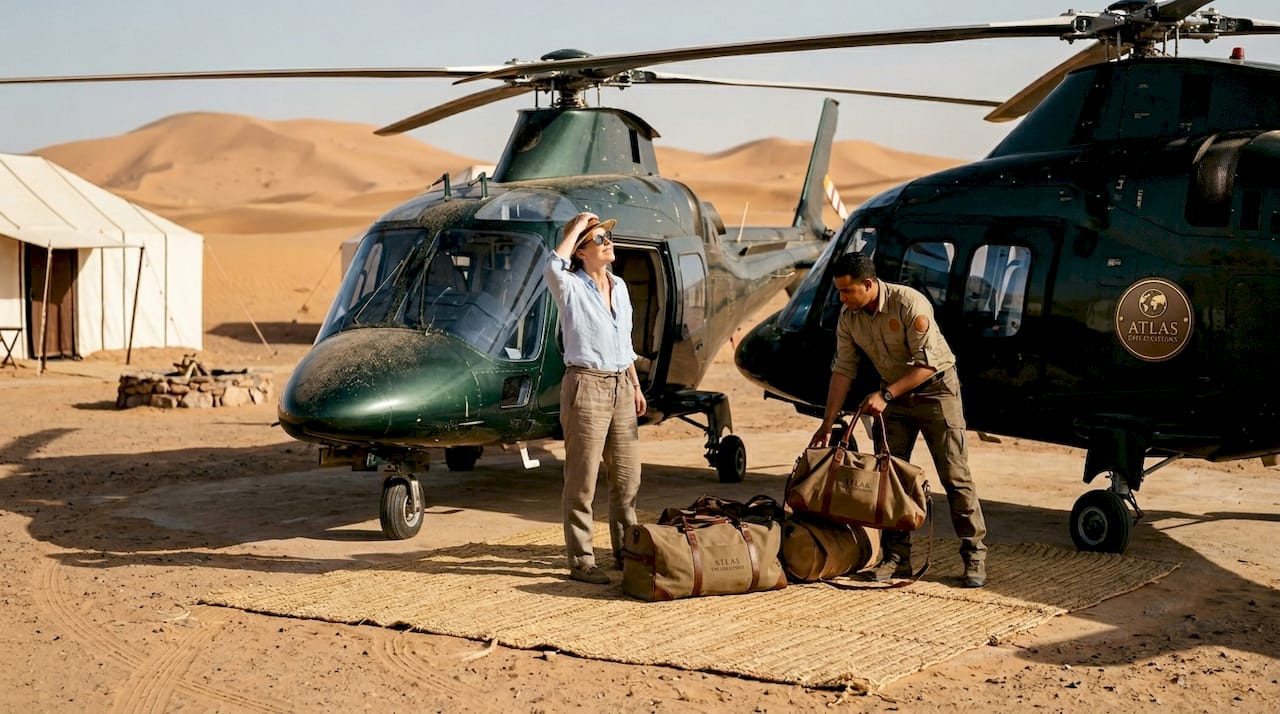 Helicopter parked by Moroccan desert camp tents