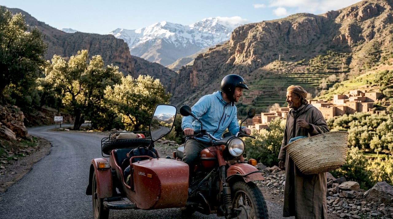 Sidecar touring on mountain road Morocco