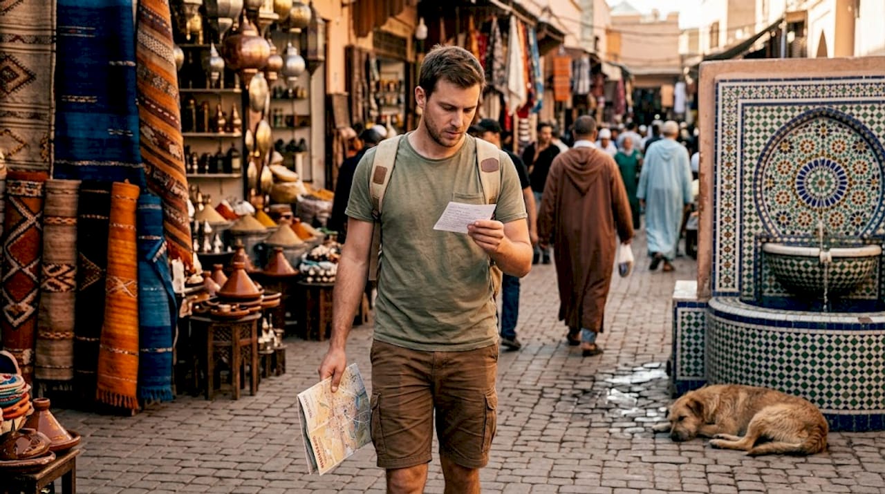 Traveler navigating Moroccan alley with city map