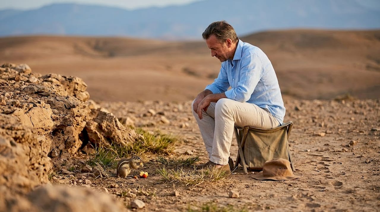 Agafay Desert Morocco: Experiences, Tips, and Camps 2 Man observing ground squirrel in Agafay desert