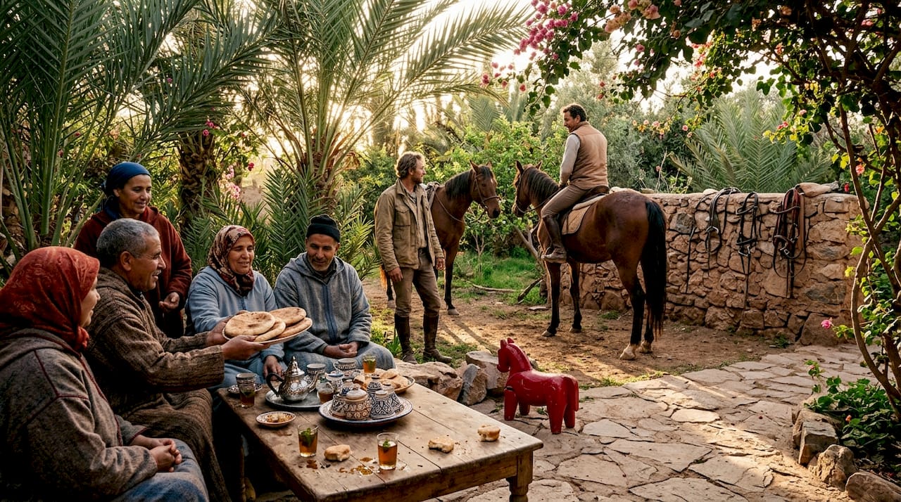 Riders welcomed with tea in Moroccan village