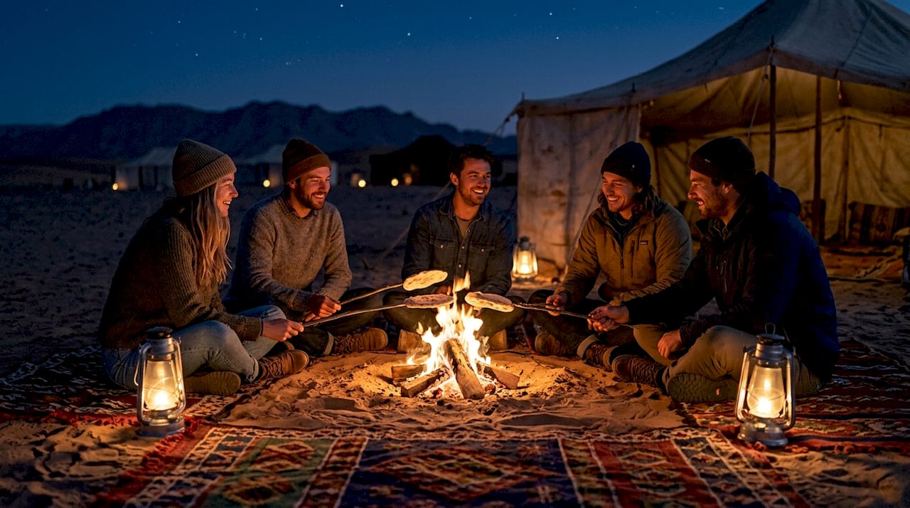 Travelers around Sahara campfire at night