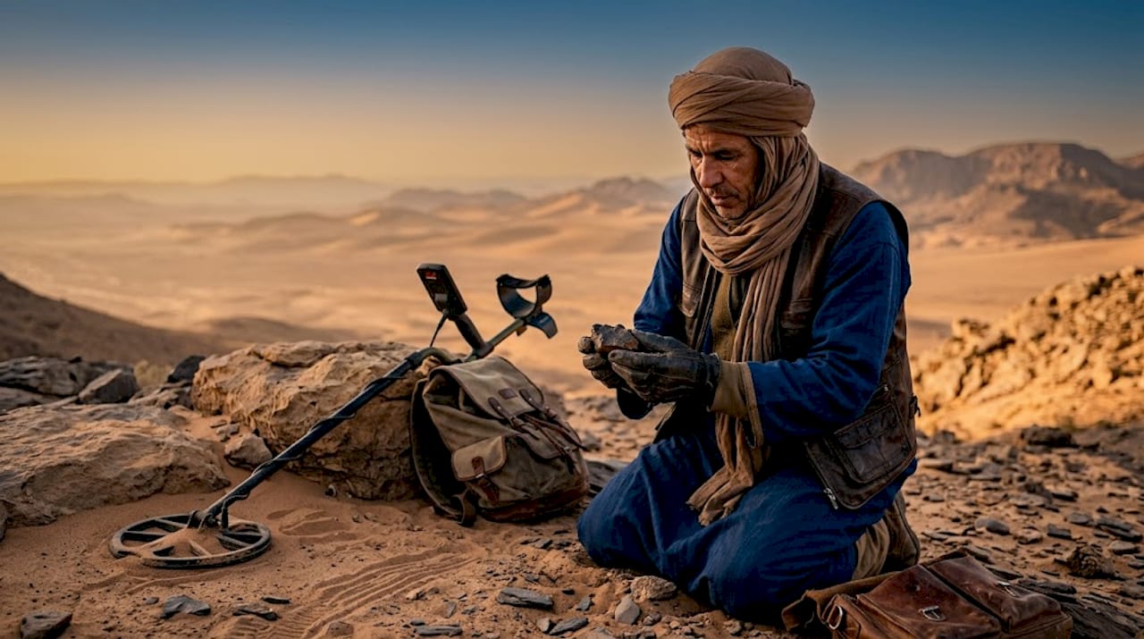 Morocco Desert: Your Insider Guide to the Sahara 2 Berber man inspects meteorite in desert