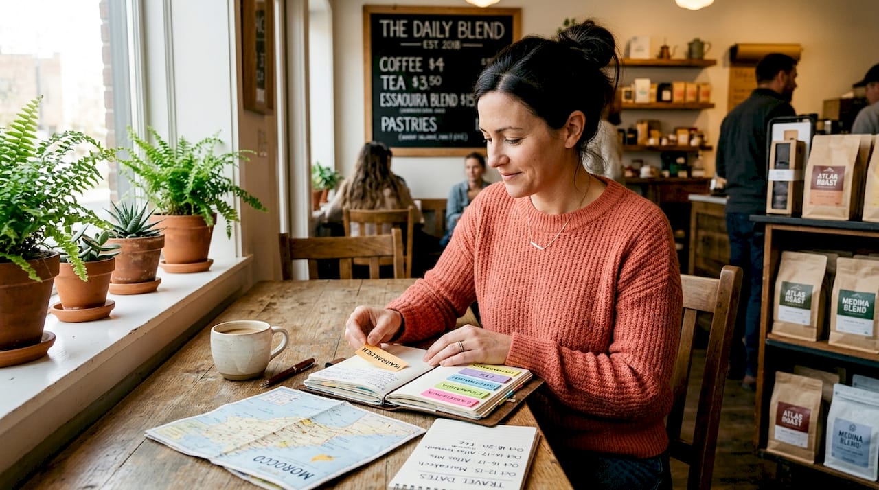 Woman organizing Morocco itinerary with notes