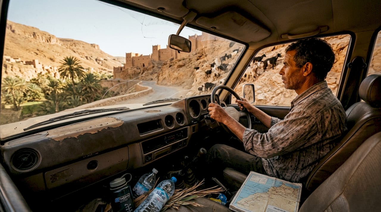 Driver navigating Morocco’s Draa Valley road