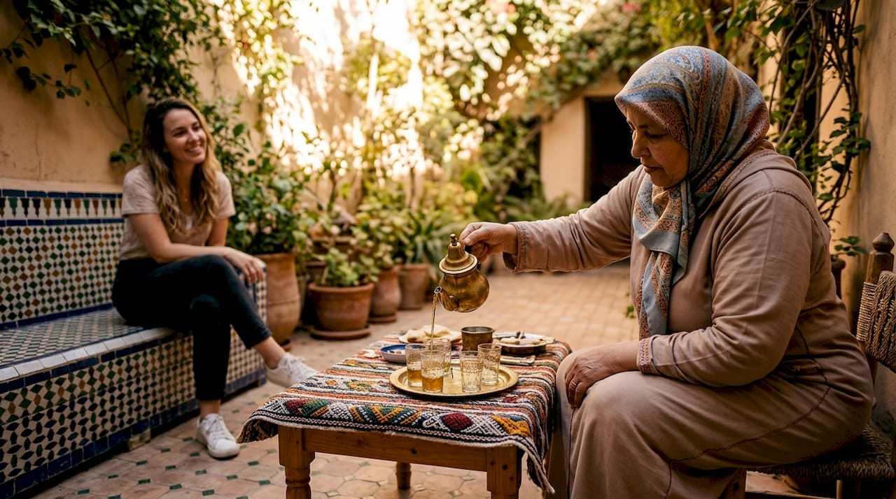 Host pouring Moroccan mint tea for guest