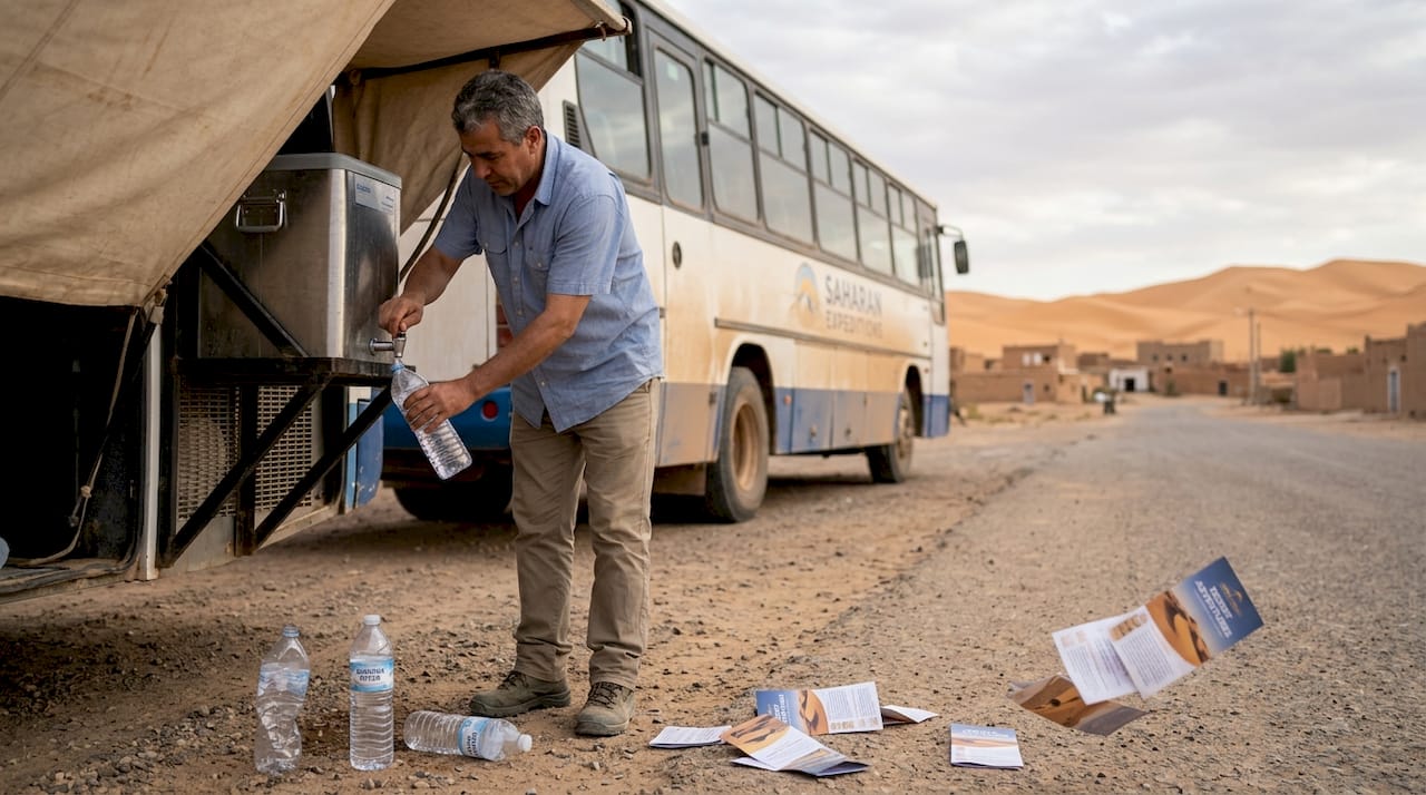 Bus driver refilling water beside dusty Sahara bus