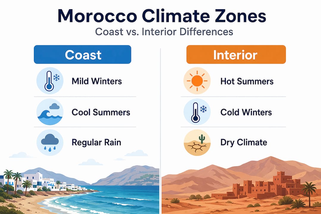 Infographic comparing Morocco's coast and interior climate