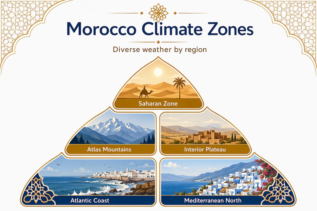Morocco Weather: Your Seasonal Travel Guide 2 Hierarchy infographic showing Morocco climate zones